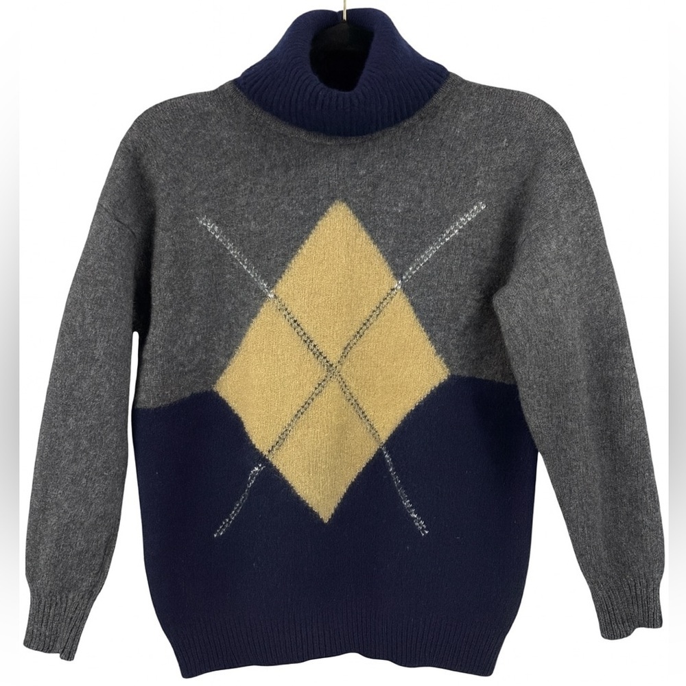 Anne Klein Knitwear Academia Turtleneck Argyle Wool Sweater Gray Navy Mustard, L